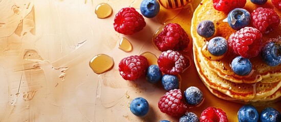 Poster - Delicious American pancakes adorned with raspberries blueberries and honey embodying a breakfast theme complemented by a copy space image