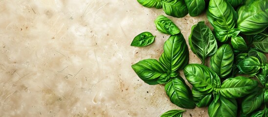 Aufkleber - Top view of basil a green herb used in cooking on a food background with space for text or images. Creative banner. Copyspace image