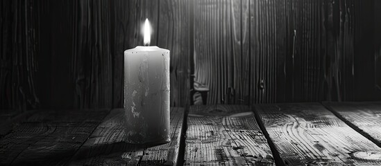 Leinwandbilder - Black and white image of a burning candle on a wooden background with ample copy space