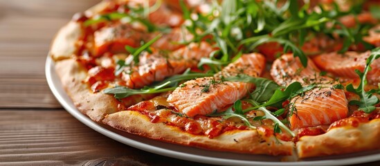 Aufkleber - Delicious restaurant dish featuring salmon and arugula on a pizza with a visually appealing presentation for a food enthusiast complete with copy space image