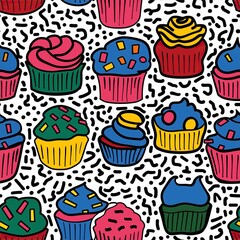 Wall Mural - Seamless illustration of cupcakes and other confectionery useful on its own or as tiles to create a background