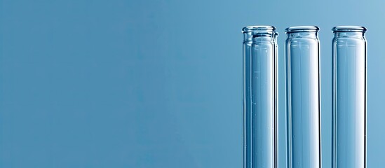 Aufkleber - Close up of a set of glass lab test tubes on a blue background with copy space image