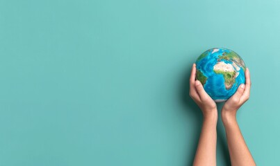 Wall Mural - hands holding earth globe on green background - sustainability concept for environmental awareness, 