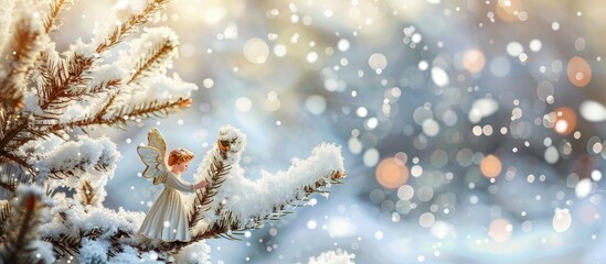 Poster - A Christmas toy angel decorates a snow covered tree branch against a festive backdrop of white snow bokeh ideal for New Year greetings and holiday cards with copy space image