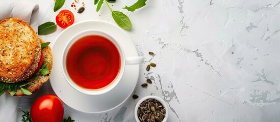 Poster - Cheese sandwich garnished with herbs alongside tomato sunflower seeds and a cup of tea all set against a white backdrop with copy space image