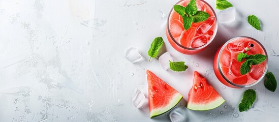 Sticker - Cold watermelon juice with ice and mint in a glass beside two watermelon slices on a white background creating copy space image