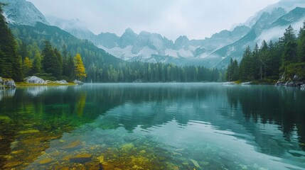 Naklejka na meble  A tranquil body of water, ensconced by trees, and a mountain range in the background with snow-capped peaks