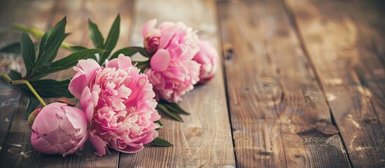 Poster - Close up pink peonies on a wooden table provide a stunning copy space image