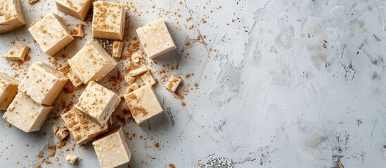 Sticker - Top down view of delectable halva pieces on a light gray surface with ample copy space image available