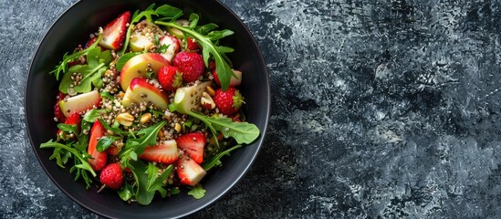 Poster - Apple salad with strawberries buckwheat and greens in a black bowl on a dark granite surface with copy space image