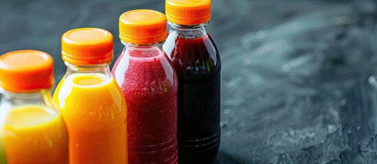 Poster - Detox program featuring smoothies made with fruit and vegetable juices served in plastic bottles and glass with copy space image