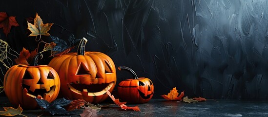 Aufkleber - A black background with pumpkins and Halloween decorations providing ample copy space image