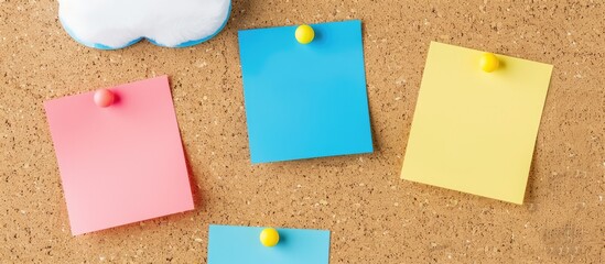 Poster - close up of colorful stickers attached to a cork board with three sticky notes for messages along wi