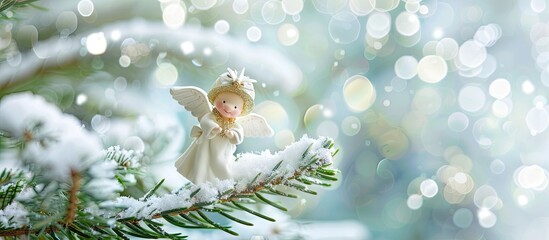 Leinwandbilder - A Christmas toy angel decorates a snow covered tree branch against a festive backdrop of white snow bokeh ideal for New Year greetings and holiday cards with copy space image