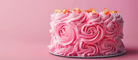 Poster - A delicious pink rose buttercream cake with orange accents presented on a pink backdrop with ample copy space ideal for birthdays and weddings