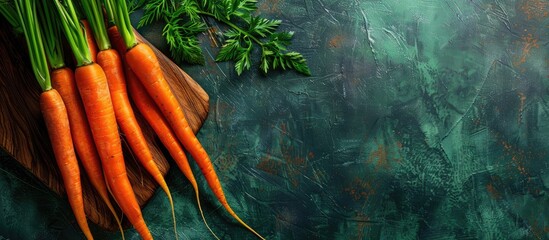 Poster - Carrots on a wooden board against a textured green backdrop with copy space image