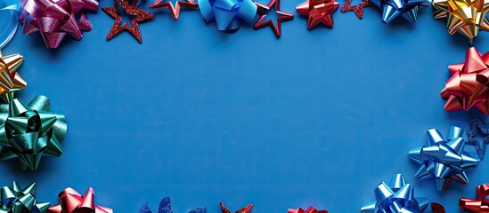 Poster - Colorful Christmas bows on a blue background with copy space image for text creating a festive New Year theme in a top down flat lay arrangement