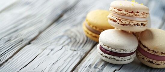 Poster - Close up of tasty macarons on a white wooden backdrop with room for text ideal for a copy space image