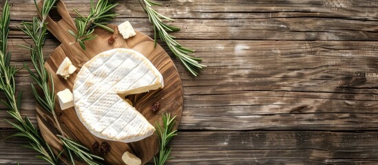 Sticker - Top view of brie cheese on a wooden backdrop with free copy space image available