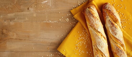 Poster - Classic French pastries two crispy baguettes with sesame seeds placed on a yellow napkin on a wooden table background for menu or advertising including copy space image