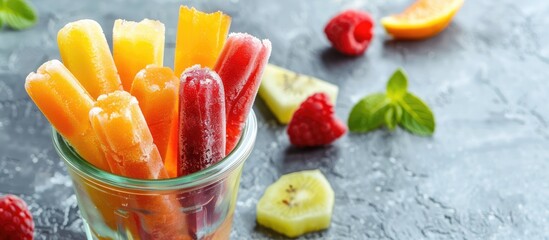Poster - Assortment of frozen fruit puree sticks for a healthy summer concept baby food displayed in a glass jar on a stone concrete background with copy space image