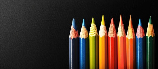 Aufkleber - Colorful pencils displayed against a black backdrop with copy space image