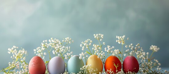 Fototapete - Colorful Easter eggs with gypsophila on a table creating a cheerful Easter themed image including copy space