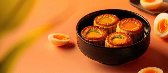 Poster - Classic moon cake with a filling of green beans and salted eggs shown in a copy space image