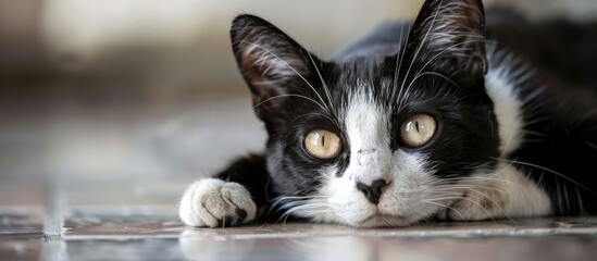 Poster - Detailed close up image of a cat s black and white face resting on floor tiles with ample copy space image