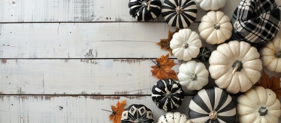 Leinwandbilder - Top down view of a modern farmhouse themed autumn border on a white wood banner background featuring black and white plaid pumpkins and patterned cloth pumpkins with ample copy space image