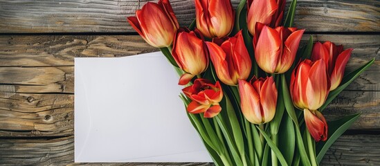 Aufkleber - A bouquet of tulips displayed with an empty paper card on a wooden background with copy space image