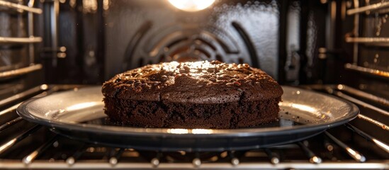 Poster - Baking brownie cake mix in the center of a preheated oven with copy space image
