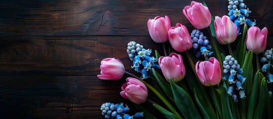 Poster - Close up image of fresh pink tulips and blue hyacinths against a dark aged wooden backdrop with copy space image