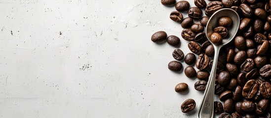 Poster - Coffee beans and a spoon on a white table with a clear area for text or images at the bottom ideal for presentations or promotions. Creative banner. Copyspace image