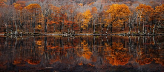 Poster - Autumn colored trees reflecting in water in a photograph with a serene copy space image