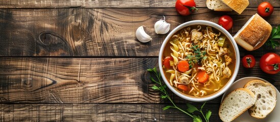 Aufkleber - Chicken soup with noodles bread and a blank space for adding images or text. Creative banner. Copyspace image