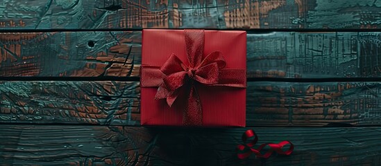 Poster - Top view of a desktop with a red gift box creating a charming composition on a wooden surface providing an attractive copy space image