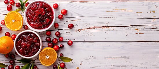 Aufkleber - A composition of cranberry sauce and orange arranged on a white wooden table with room for text around the elements in the copy space image