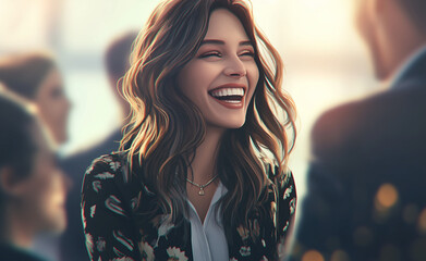 Wall Mural - smiling business woman laughing at a table with a team colleagues during a meeting in an office