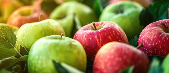 Canvas Print - Close up of fresh green and red apples making a delightful and healthy vegetarian snack rich in vitamins and minerals for fat burning effects with ample copy space image