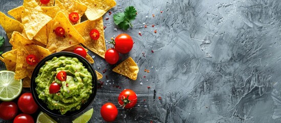 Poster - Top down view of nachos with guacamole displayed on a gray concrete surface perfect for a copy space image representing traditional Mexican cuisine