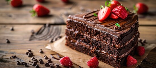 Poster - Chocolate cake with strawberry on a table perfect for desserts with a blank copy space image available