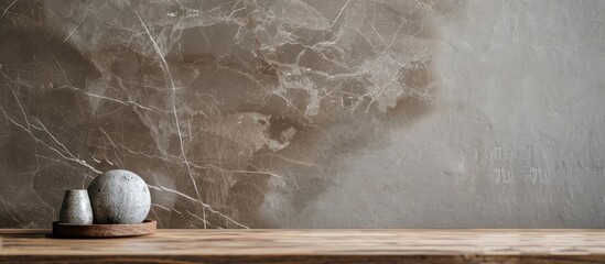 Poster - A brown marble sample stone is displayed on a wooden table with a white concrete block background providing copy space image