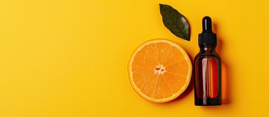 Aufkleber - Citrus cosmetics enriched with vitamin C displayed in a bottle on a vibrant yellow backdrop with a fresh orange ample copy space image available