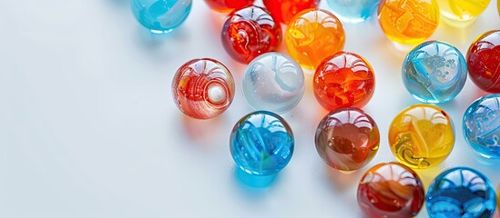 Poster - Close up macro photo of colored marbles on a white background with copy space image