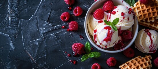 Poster - Delicious red fruits topping ice cream and waffles on a dark stone backdrop with copy space image available for text