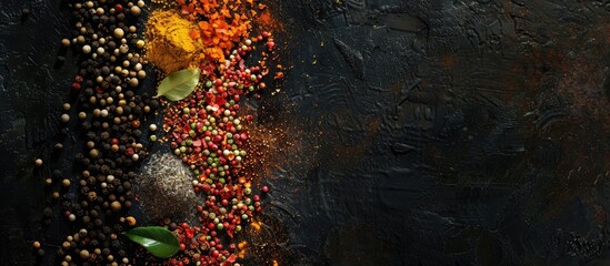 Poster - Top view of an array of vibrant spices against a black backdrop with copy space image