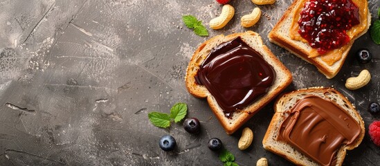 Poster - Copy space image featuring chocolate butter peanut butter and berry jam topped toasts on a gray textured background