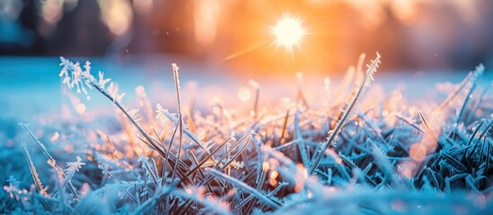 Fototapete - Capturing a close up image of frost covered grass at sunrise on an early spring morning ideal for macro photography with copy space image