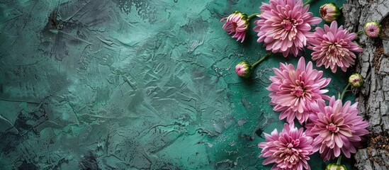 Poster - Chrysanthemum flowers on tree bark with copy space image on green backdrop